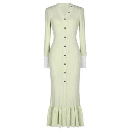 Sandro Elegant V-Neck Mermaid Knit Dress with Button Detail