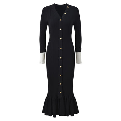 Sandro Elegant V-Neck Mermaid Knit Dress with Button Detail