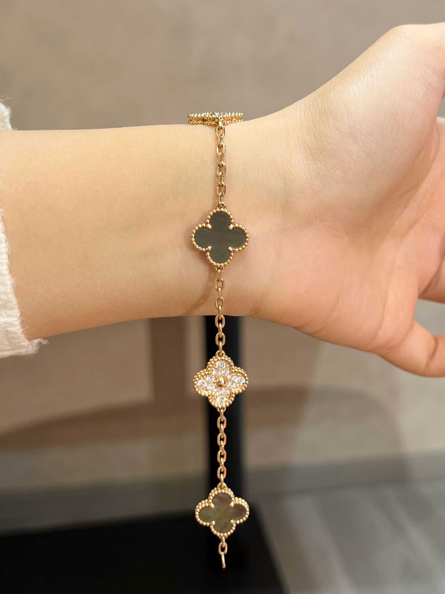 VCA VINTAGE ALHAMBRA BRACELET5 MOTIFS DIAMONDS ONYX 18K WHITE GOLD